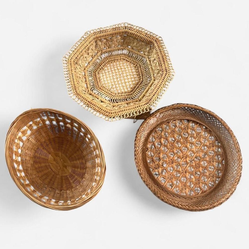 Set of 3 Ornate woven wicker baskets